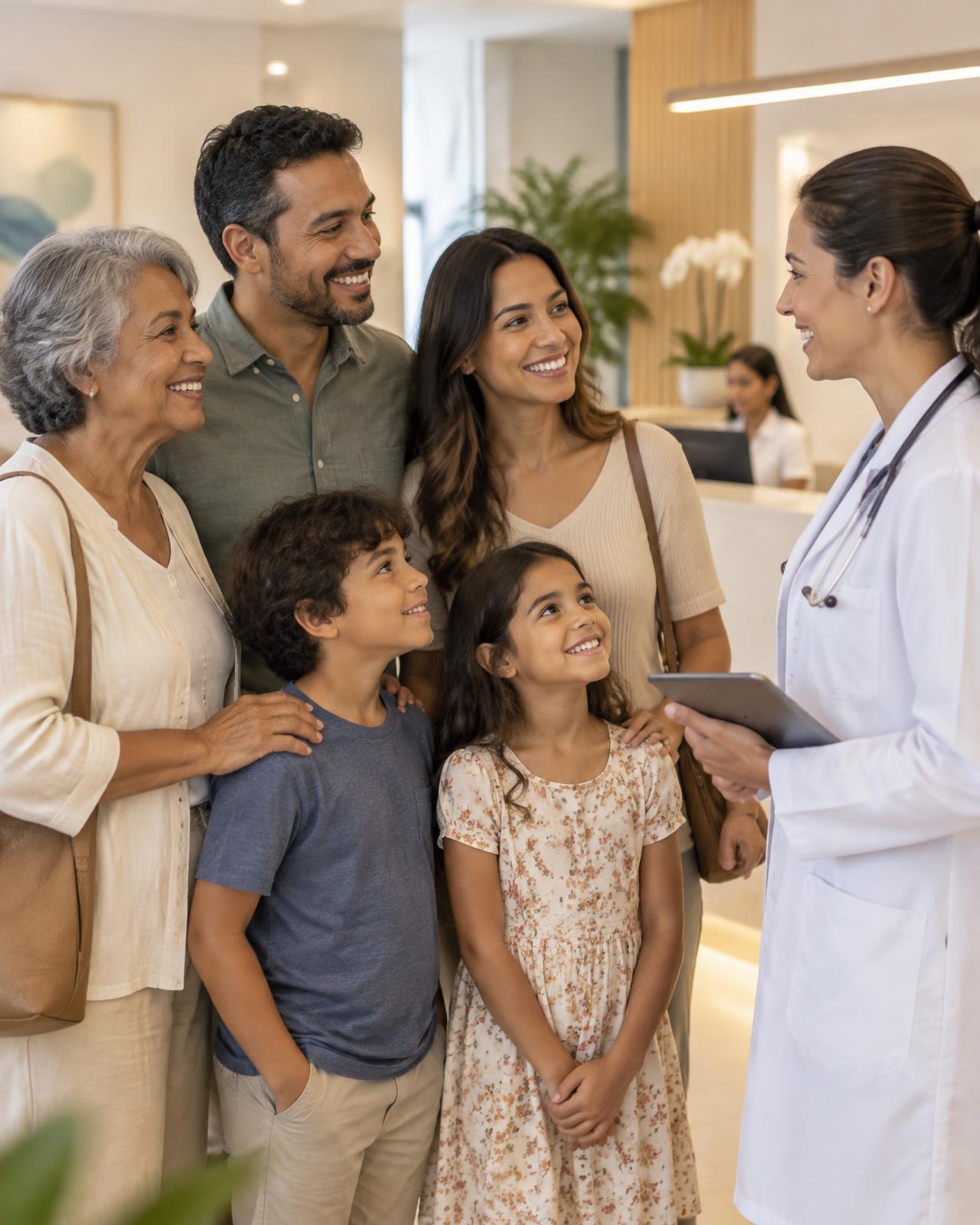 Família conversando com uma médica em uma clínica